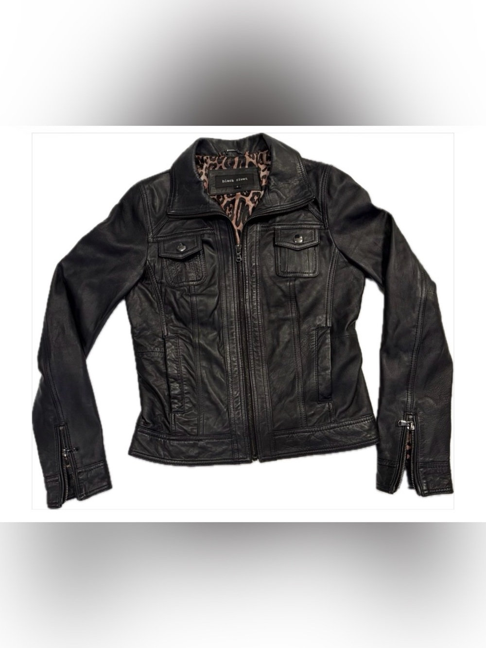 Black Rivet Black Genuine Leather Jacket with Leopard-Print Lining SZ. S